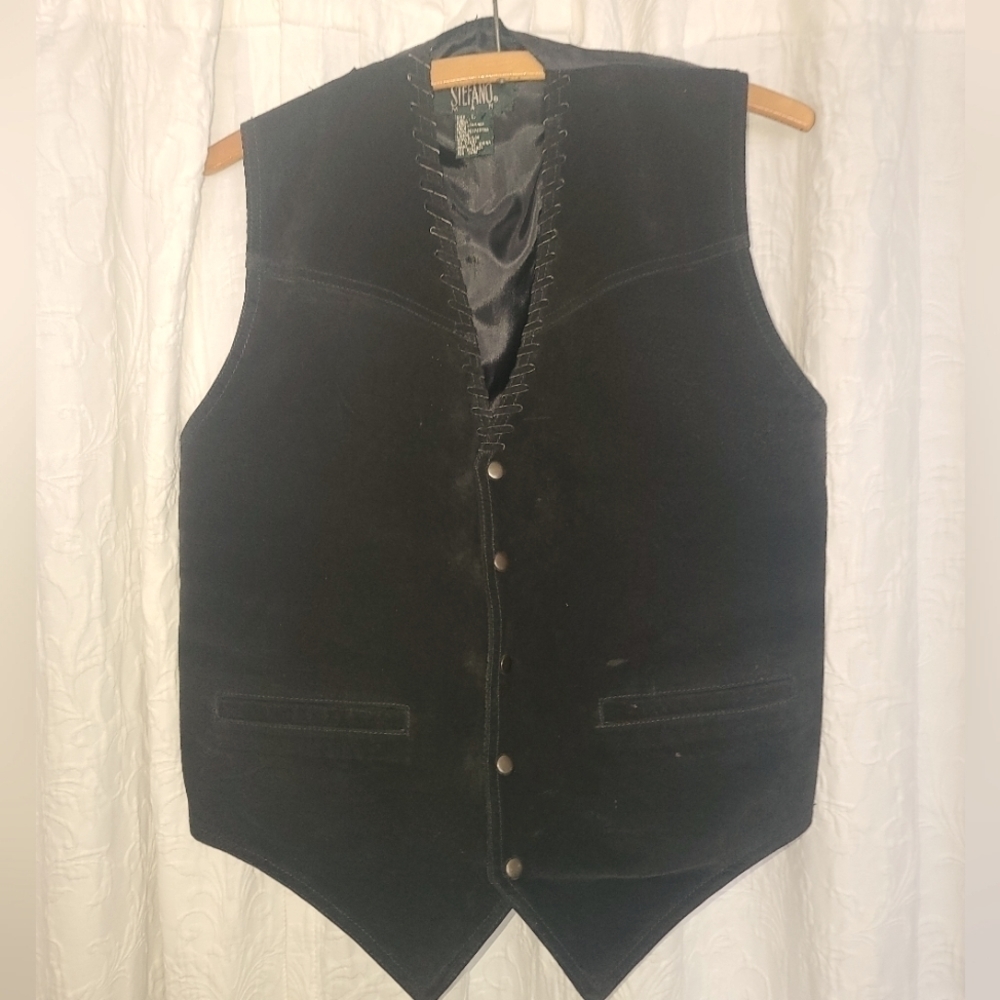 Stefino Man Black Leather Vest Sz Large | Western Rugged Festival Style